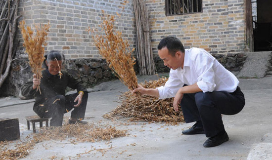 Xing Lei helps an elderly woman with her farm work, Oct 12, 2012. [Photo/Xinhua]