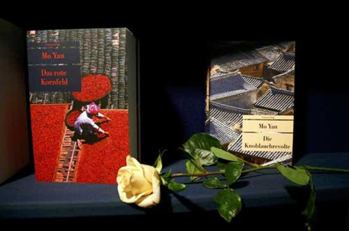 Books of Chinese writer Mo Yan are on display during the book fair in Frankfurt, October 11,2012.
