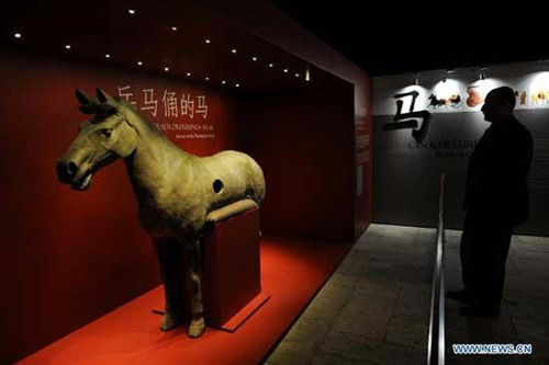A visitor watches the treasures at the Treasures of Ancient China Exhibition held at Topkapi Palace Museum in Istanbul of Turkey, on Nov. 20, 2012.  (Xinhua/Ma Yan)