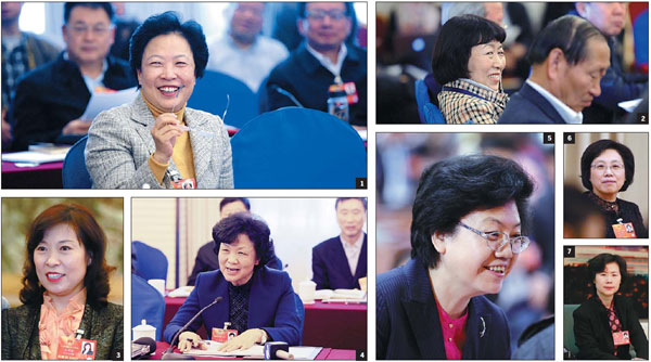 1. Chen Jiwa, chair of the Chinese People's Political Consultative Conference of Guangxi Zhuang autonomous region. 2. Huang Liman, vice-chair of the NPC's Overseas Chinese Affairs Committee. 3. Wang Lixia, deputy governor of Shaanxi province. 4. Qiao Chuanxiu, CPPCC chair for Zhejiang province. 5. Li Bin, governor of Anhui province. 6. Yin Yicui, chair of the Standing Committee of the Shanghai Municipal People's Congress. 7. Zhang Xuan, chair of the Standing Committee of the Chongqing Municipal People's Congress. Photos by Wu Zhiyi, Zou Hong, Feng Yongbin, Zhu Xingxin and Xu Jingxing / China Daily