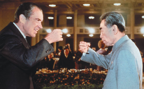 Then-US President Richard Nixon shares a toast with Premier Zhou Enlai in February 1972 in Beijing during Nixon's official visit to China. [Provided to China Daily] 
