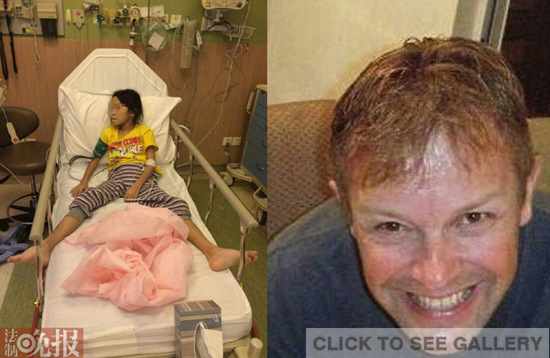 Photo shows an 8-year-old known as Phoebe at the Capital Institute of Pediatrics in Beijing and her adopted father. She was reportedly abused by her foreign adoptive father and now is currently being treated in the intensive care unit at the hospital. [Photo/Legal Evening News] 