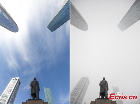 A combination picture shows the skyline swallowed by smog on January 26 and the same view on March 10 in Nanjing, East China’s Jiangsu province. (Photo: China News Service/Su Yang) A combination picture shows the skyline swallowed by smog on January 26 and the same view on March 10 in Nanjing, East China’s Jiangsu province. (Photo: China News Service/Su Yang)