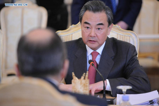 Visiting Chinese Foreign Minister Wang Yi holds talks with his Russian counterpart Sergey Lavrov in Moscow, Russia, on April 7, 2015. (Xinhua/Dai Tianfang)