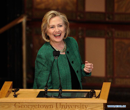 File photo taken on Oct. 30, 2014 shows U.S. former Secretary of State Hillary Clinton gives an opening remark before a discussion on The Power of Women's Economic Participation at Georgetown University in Washington D.C., capital of the United States. Hillary announced her bid for 2016 presidential election on Sunday. (Xinhua/Bao Dandan) File photo taken on Oct. 30, 2014 shows U.S. former Secretary of State Hillary Clinton gives an opening remark before a discussion on The Power of Women's Economic Participation at Georgetown University in Washington D.C., capital of the United States. Hillary announced her bid for 2016 presidential election on Sunday. (Xinhua/Bao Dandan)