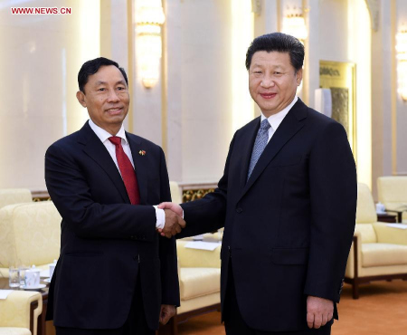 Chinese President Xi Jinping (R) meets with Thura U Shwe Mann, speaker of Myanmar's Union Parliament and the House of Representatives, in Beijing, capital of China, April 27, 2015. (Xinhua/Rao Aimin) Chinese President Xi Jinping (R) meets with Thura U Shwe Mann, speaker of Myanmar's Union Parliament and the House of Representatives, in Beijing, capital of China, April 27, 2015. (Xinhua/Rao Aimin)