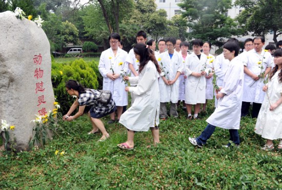 Students at Xi'an Jiaotong University's Health Sciences Center leave flowers at a monument for lab animals. (Photo/China Daily) Students at Xi'an Jiaotong University's Health Sciences Center leave flowers at a monument for lab animals. (Photo/China Daily)