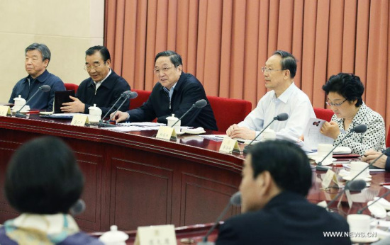 Yu Zhengsheng (3rd L), chairman of the National Committee of the Chinese People's Political Consultative Conference (CPPCC), presides over a biweekly symposium of the CPPCC on the development of traditional and new media in Beijing, capital of China, May 7, 2015. (Xinhua/Yao Dawei) Yu Zhengsheng (3rd L), chairman of the National Committee of the Chinese People's Political Consultative Conference (CPPCC), presides over a biweekly symposium of the CPPCC on the development of traditional and new media in Beijing, capital of China, May 7, 2015. (Xinhua/Yao Dawei)