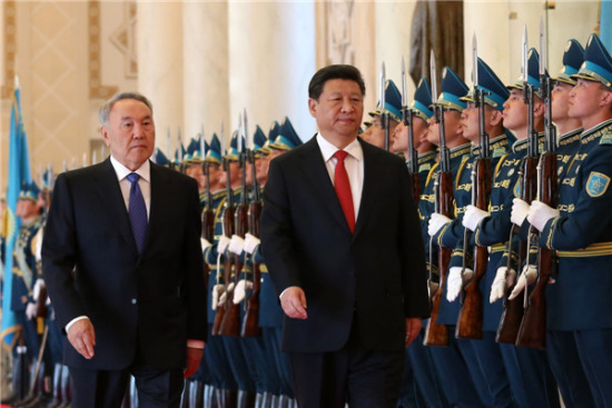 Chinese President Xi Jinping (front R) attends a welcoming ceremony held by Kazakh President Nursultan Nazarbayev in Astana, Kazakhstan, May 7, 2015. (Photo/Xinhua) Chinese President Xi Jinping (front R) attends a welcoming ceremony held by Kazakh President Nursultan Nazarbayev in Astana, Kazakhstan, May 7, 2015. (Photo/Xinhua)