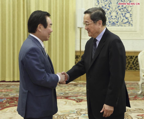 Yu Zhengsheng (R), chairman of the National Committee of the Chinese People's Political Consultative Conference (CPPCC), meets with a Japanese congressmen delegation led by Fukushiro Nukaga, head of the Heisei Kenkyukai, a faction under the co-ruling Liberal Democratic Party, in Beijing, capital of China, May 8, 2015.(Xinhua/Lan Hongguang) Yu Zhengsheng (R), chairman of the National Committee of the Chinese People's Political Consultative Conference (CPPCC), meets with a Japanese congressmen delegation led by Fukushiro Nukaga, head of the Heisei Kenkyukai, a faction under the co-ruling Liberal Democratic Party, in Beijing, capital of China, May 8, 2015.(Xinhua/Lan Hongguang)