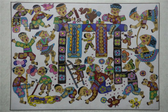 A painting drawn by farmers in southwest China's Guizhou Province. Professional painters have been invited to open training sessions to help local farmers create their own work. (Photo/CNTV) A painting drawn by farmers in southwest China's Guizhou Province. Professional painters have been invited to open training sessions to help local farmers create their own work. (Photo/CNTV)