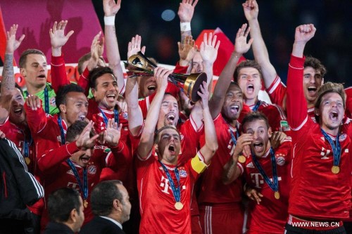 Bayern Munich's players celebrate their victory after winning their 2013 FIFA Club World Cup final match against Raja Casablanca in Marrakesh, Morocco, Dec. 21, 2013. Bayern won 2-0. (Xinhua/Cui Xinyu) Bayern Munich's players celebrate their victory after winning their 2013 FIFA Club World Cup final match against Raja Casablanca in Marrakesh, Morocco, Dec. 21, 2013. Bayern won 2-0. (Xinhua/Cui Xinyu)