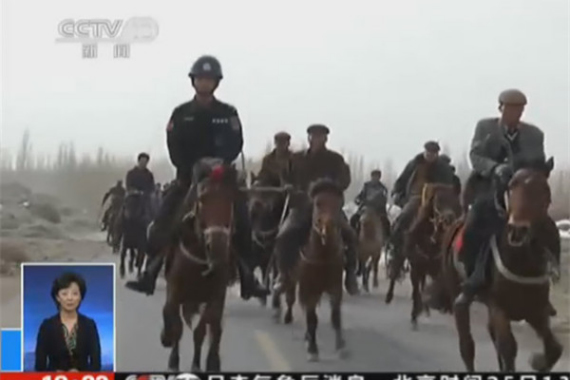 A screenshot from CCTV shows police and local farmers on horses tracking down the terrorists. A screenshot from CCTV shows police and local farmers on horses tracking down the terrorists.