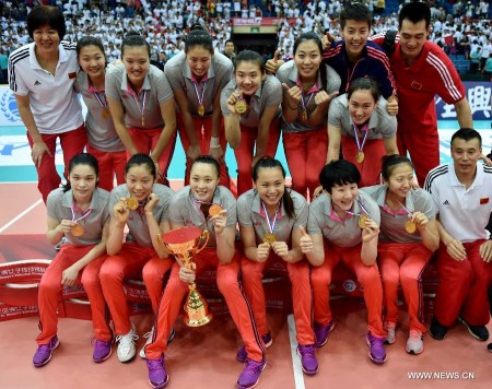 Team China pose with medals after the awarding ceremony at the 18th Asian Senior Women's Volleyball Championships in Tianjin, north China, May 28, 2015. China won 3-0 in the final against South Korea to claim the title. (Xinhua/Zhang Chenlin) Team China pose with medals after the awarding ceremony at the 18th Asian Senior Women's Volleyball Championships in Tianjin, north China, May 28, 2015. China won 3-0 in the final against South Korea to claim the title. (Xinhua/Zhang Chenlin)