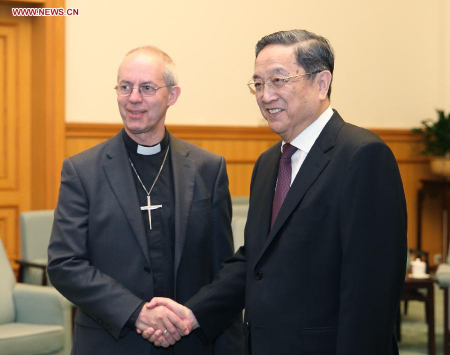 Yu Zhengsheng (R), chairman of the National Committee of the Chinese People's Political Consultative Conference, meets with Archbishop of Canterbury Justin Welby in Beijing, capital of China, May 28, 2015. (Xinhua/Yao Dawei) Yu Zhengsheng (R), chairman of the National Committee of the Chinese People's Political Consultative Conference, meets with Archbishop of Canterbury Justin Welby in Beijing, capital of China, May 28, 2015. (Xinhua/Yao Dawei)
