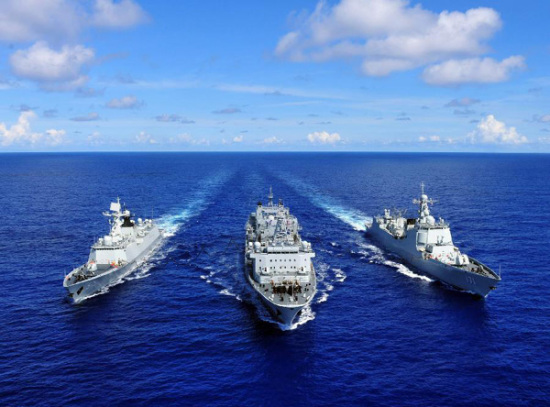 The missile destroyer Haikou (R), missile frigate Yueyang and supply ship Qiandaohu (C) are seen during the supply at sea in Pacific Ocean, during the Rim of the Pacific (RIMPAC) multinational naval exercises, on June 13, 2014. (Photo/Xinhua) The missile destroyer Haikou (R), missile frigate Yueyang and supply ship Qiandaohu (C) are seen during the supply at sea in Pacific Ocean, during the Rim of the Pacific (RIMPAC) multinational naval exercises, on June 13, 2014. (Photo/Xinhua)