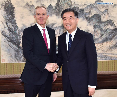 Chinese Vice Premier Wang Yang (R) meets with former British Prime Minister Tony Blair in Beijing, capital of China, June 3, 2015. (Xinhua/Li Tao) Chinese Vice Premier Wang Yang (R) meets with former British Prime Minister Tony Blair in Beijing, capital of China, June 3, 2015. (Xinhua/Li Tao)