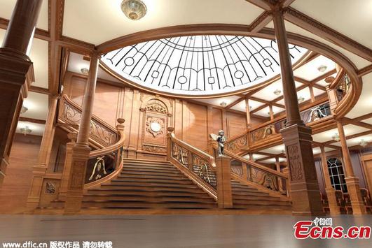 An artist’s rendering depicts the interior decoration of a replica of the Titanic on the Qijiang River in Daying county, Southwest China's Sichuan province. Tickets to board the ship will start at around 3,000 yuan (about $484) for an ordinary fare. A luxury fare price could go for up to hundreds of thousands of yuan. (Photo/CFP) An artist’s rendering depicts the interior decoration of a replica of the Titanic on the Qijiang River in Daying county, Southwest China's Sichuan province. Tickets to board the ship will start at around 3,000 yuan (about $484) for an ordinary fare. A luxury fare price could go for up to hundreds of thousands of yuan. (Photo/CFP)