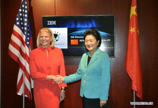 China's Vice Premier Liu Yandong (R) and President and CEO of the International Business Machines Corporation (IBM) Ginni Rometty shake hands during Liu's visit to the company, in Washington D.C., the United States, on June 23, 2015. (Photo: Xinhua/Wang Lei) China's Vice Premier Liu Yandong (R) and President and CEO of the International Business Machines Corporation (IBM) Ginni Rometty shake hands during Liu's visit to the company, in Washington D.C., the United States, on June 23, 2015. (Photo: Xinhua/Wang Lei)