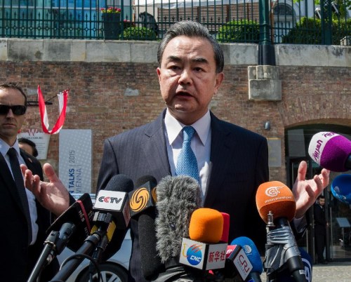 Chinese Foreign Minister Wang Yi is interviewed by media in Vienna, Austria, on July 2, 2015. In resolving outstanding Iran's nuclear issue, the Chinese side continues to play a constructive part, Chinese Foreign Minster Wang Yi said here on Thursday. (Photo: Xinhua/Qian Yi) Chinese Foreign Minister Wang Yi is interviewed by media in Vienna, Austria, on July 2, 2015. In resolving outstanding Iran's nuclear issue, the Chinese side continues to play a constructive part, Chinese Foreign Minster Wang Yi said here on Thursday. (Photo: Xinhua/Qian Yi)
