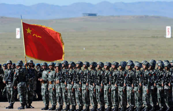 Chinese troops gather at the opening ceremony of the Peace Mission-2014 anti-terror drill at Zhurihe training base in North China's Inner Mongolia autonomous region on Sunday, August 24, 2014. (Photo/Xinhua) Chinese troops gather at the opening ceremony of the Peace Mission-2014 anti-terror drill at Zhurihe training base in North China's Inner Mongolia autonomous region on Sunday, August 24, 2014. (Photo/Xinhua)