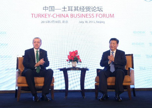 Chinese President Xi Jinping (R) and his Turkish counterpart Recep Tayyip Erdogan attend the China-Turkey Business Forum in Beijing, capital of China, July 30, 2015. (Xinhua/Pang Xinglei) Chinese President Xi Jinping (R) and his Turkish counterpart Recep Tayyip Erdogan attend the China-Turkey Business Forum in Beijing, capital of China, July 30, 2015. (Xinhua/Pang Xinglei)