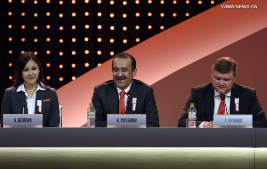 Kazakhstan's Prime Minister Karim Massimov (C) answers questions after Almaty's 2022 Olympic Winter Games bid presentation at the 128th International Olympic Committee (IOC) session in Kuala Lumpur, Malaysia, on July 31, 2015. The session will decide the host cities of the 2022 Olympic Winter Games and the 2020 Youth Olympic Winter Games.(Photo: Xinhua/Gong Lei) Kazakhstan's Prime Minister Karim Massimov (C) answers questions after Almaty's 2022 Olympic Winter Games bid presentation at the 128th International Olympic Committee (IOC) session in Kuala Lumpur, Malaysia, on July 31, 2015. The session will decide the host cities of the 2022 Olympic Winter Games and the 2020 Youth Olympic Winter Games.(Photo: Xinhua/Gong Lei)