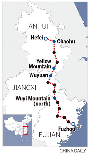 Map shows major stations along the Hefei-Fuzhou high-speed rail. Map shows major stations along the Hefei-Fuzhou high-speed rail.