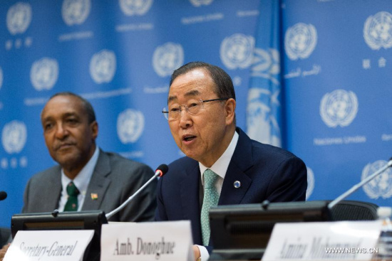 United Nations Secretary-general Ban Ki-moon (R) addresses a press conference on the Outcome Document of the Post-2015 Development Agenda at the UN headquarters in New York, Aug. 3, 2015. (Photo: Xinhua/Li Muzi) United Nations Secretary-general Ban Ki-moon (R) addresses a press conference on the Outcome Document of the Post-2015 Development Agenda at the UN headquarters in New York, Aug. 3, 2015. (Photo: Xinhua/Li Muzi)