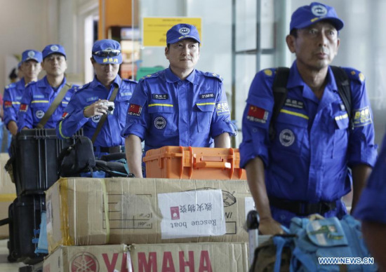 Members of the Blue Sky Rescue (BSR) Team, a non-governmental humanitarian organization, arrive at Yangon International Airport in Yangon, Myanmar, Aug. 4, 2015. (Photo: Xinhua/U Aung) Members of the Blue Sky Rescue (BSR) Team, a non-governmental humanitarian organization, arrive at Yangon International Airport in Yangon, Myanmar, Aug. 4, 2015. (Photo: Xinhua/U Aung)