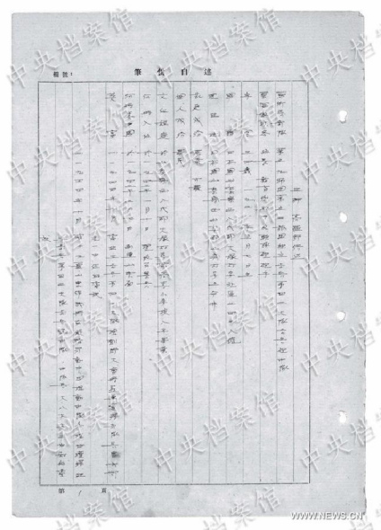 Photo released on Aug. 14, 2015 by the State Archives Administration of China on its website shows the Chinese version of an excerpt from Japanese war criminal Takashi Mikami's handwritten confession. A Japanese World War II war criminal helped harvest brains from live Chinese captives for a sergeant who believed eating them would treat his venereal disease, according to a confession published by the State Archives Administration on Friday. The shocking admission from Corporal Takashi Mikami, who served in east China's Shandong Province from 1942 until his capture in August 1945, comes in the fourth of a series of 31 handwritten confessions from Japanese war criminals being released online by the archives as China marks the 70th anniversary of the end of WWII. He explained that while stationed in Linqing County, Sergeant Getsuji often ordered platoon members to collect living people's brains. In June 1942, Mikami asked Lance Corporal Yokokura to get some brains during mopping up. In Guantao County in August 1942, Mikami interrogated two Chinese peasants using torture. As one of the captives refused to talk, Second Lieutenant Oyagi said, 'Let the new recruits test their courage,' so along with five others, I bayoneted the peasant in the chest, killing him, and then buried him in a pit, according to the confession. (Photo/Xinhua) Photo released on Aug. 14, 2015 by the State Archives Administration of China on its website shows the Chinese version of an excerpt from Japanese war criminal Takashi Mikami's handwritten confession. A Japanese World War II war criminal helped harvest brains from live Chinese captives for a sergeant who believed eating them would treat his venereal disease, according to a confession published by the State Archives Administration on Friday. The shocking admission from Corporal Takashi Mikami, who served in east China's Shandong Province from 1942 until his capture in August 1945, comes in the fourth of a series of 31 handwritten confessions from Japanese war criminals being released online by the archives as China marks the 70th anniversary of the end of WWII. He explained that while stationed in Linqing County, Sergeant Getsuji often ordered platoon members to collect living people's brains. In June 1942, Mikami asked Lance Corporal Yokokura to get some brains during mopping up. In Guantao County in August 1942, Mikami interrogated two Chinese peasants using torture. As one of the captives refused to talk, Second Lieutenant Oyagi said, 'Let the new recruits test their courage,' so along with five others, I bayoneted the peasant in the chest, killing him, and then buried him in a pit, according to the confession. (Photo/Xinhua)