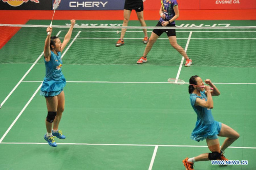 Tian Qing (L) and Zhao Yunlei of China celebrate after winning their women's doubles final match against Christinna Pedersen and Kamilla Rytter Juhl of Denmark at the BWF World Championships 2015 in Jakarta, Indonesia, Aug. 16, 2015. Tian Qing and Zhao Yunlei won 2-1 to claim the champion. (Photo: Xinhua/Veri Sanovri) Tian Qing (L) and Zhao Yunlei of China celebrate after winning their women's doubles final match against Christinna Pedersen and Kamilla Rytter Juhl of Denmark at the BWF World Championships 2015 in Jakarta, Indonesia, Aug. 16, 2015. Tian Qing and Zhao Yunlei won 2-1 to claim the champion. (Photo: Xinhua/Veri Sanovri)