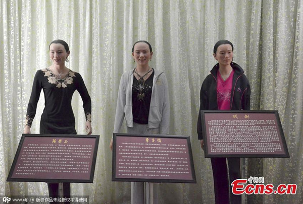 Shoddy wax sculptures of celebrities are displayed at the Mount Huaying scenic spot in Huaying city, Southwest China’s Sichuan province, Aug 13, 2015. Netizens have complained that many of the wax sculptures of well-known personalities are poorly made. The figures from left to right are wax replicates of Chinese actresses Maggie Cheung, Zhang Ziyi, and Gong Li.(Photo/CFP) Shoddy wax sculptures of celebrities are displayed at the Mount Huaying scenic spot in Huaying city, Southwest China’s Sichuan province, Aug 13, 2015. Netizens have complained that many of the wax sculptures of well-known personalities are poorly made. The figures from left to right are wax replicates of Chinese actresses Maggie Cheung, Zhang Ziyi, and Gong Li.(Photo/CFP)