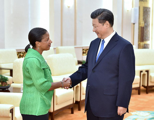 Chinese President Xi Jinping (R) meets with U.S. National Security Advisor Susan Rice in Beijing, capital of China, Aug. 28, 2015. (Photo: Xinhua/Li Tao) Chinese President Xi Jinping (R) meets with U.S. National Security Advisor Susan Rice in Beijing, capital of China, Aug. 28, 2015. (Photo: Xinhua/Li Tao)