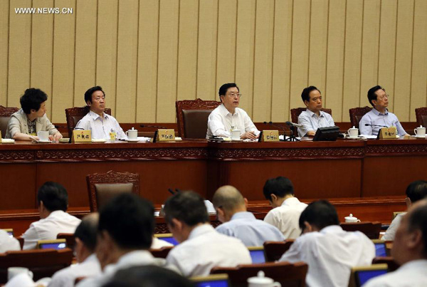Zhang Dejiang (C rear), chairman of the Standing Committee of China's National People's Congress (NPC), presides over the closing meeting of the 16th session of the 12th NPC Standing Committee in Beijing, capital of China, Aug. 29, 2015. (Xinhua/Liu Weibing) Zhang Dejiang (C rear), chairman of the Standing Committee of China's National People's Congress (NPC), presides over the closing meeting of the 16th session of the 12th NPC Standing Committee in Beijing, capital of China, Aug. 29, 2015. (Xinhua/Liu Weibing)