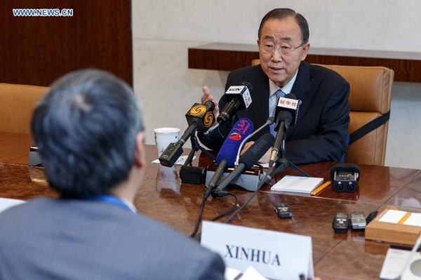 UN Secretary-General Ban Ki-moon speaks during an interview with Chinese media at the UN headquarters in New York, the United States, Aug. 28, 2015. UN Secretary-General Ban Ki-moon said Friday that the international community recognizes China's contribution and sacrifice in the Second World War, and it is very important now for the world to learn from the past lessons and look forward in order to build a better world. Ban made the remarks on the eve of his scheduled trip to China next week, his ninth China tour as the UN chief over the past nine years, to attend China's V-Day celebrations on Sept. 3. (Xinhua/Li Muzi) UN Secretary-General Ban Ki-moon speaks during an interview with Chinese media at the UN headquarters in New York, the United States, Aug. 28, 2015. UN Secretary-General Ban Ki-moon said Friday that the international community recognizes China's contribution and sacrifice in the Second World War, and it is very important now for the world to learn from the past lessons and look forward in order to build a better world. Ban made the remarks on the eve of his scheduled trip to China next week, his ninth China tour as the UN chief over the past nine years, to attend China's V-Day celebrations on Sept. 3. (Xinhua/Li Muzi)