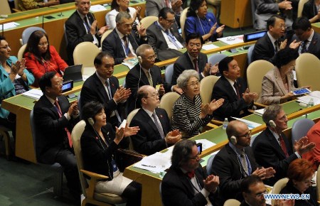 Members of Chinese delegation attend the opening of the Fourth World Conference of Speakers of Parliament at the United Nations headquarters in New York, the United States, on Aug. 31, 2015. (Photo: Xinhua/Wang Lei) Members of Chinese delegation attend the opening of the Fourth World Conference of Speakers of Parliament at the United Nations headquarters in New York, the United States, on Aug. 31, 2015. (Photo: Xinhua/Wang Lei)