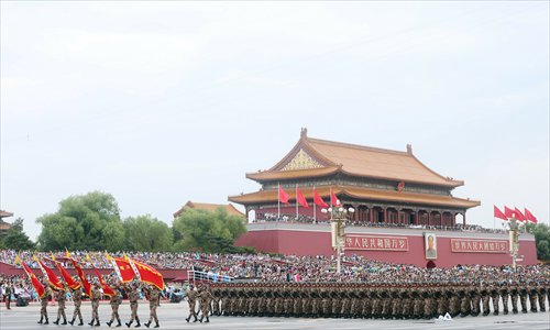 Soldiers march through Tiananmen Square on August 23 during a parade rehearsal. Photo: Cui Meng/GT Soldiers march through Tiananmen Square on August 23 during a parade rehearsal. Photo: Cui Meng/GT