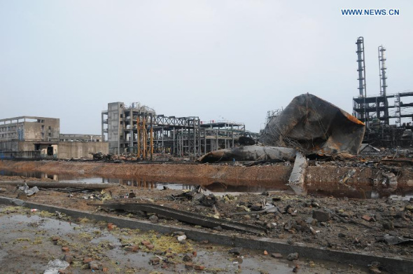 Photo taken on Sept. 2, 2015 shows the accident site after a blast at Shandong Binyuan Chemical Co., Ltd. in Diaokou Township of Lijin County, east China's Shandong Province. At least five people were confirmed dead after the explosion occurred on midnight Monday. (Photo: Xinhua/Lou Chen) Photo taken on Sept. 2, 2015 shows the accident site after a blast at Shandong Binyuan Chemical Co., Ltd. in Diaokou Township of Lijin County, east China's Shandong Province. At least five people were confirmed dead after the explosion occurred on midnight Monday. (Photo: Xinhua/Lou Chen)