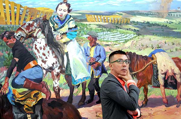 Painter Liu Xiaodong stands in front of one of his latest works about Ordos, Inner Mongolia autonomous region, showing nomads riding on horseback with the vast city stadium in the background. Another painting from the series (below). (Photo By Zhang Wei/China Daily) Painter Liu Xiaodong stands in front of one of his latest works about Ordos, Inner Mongolia autonomous region, showing nomads riding on horseback with the vast city stadium in the background. Another painting from the series (below). (Photo By Zhang Wei/China Daily)