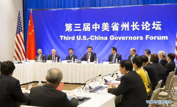 Chinese President Xi Jinping (4th L, rear) speaks during the Third China-U.S. Governors Forum in Seattle, the United States, Sept. 22, 2015. (Photo: Xinhua/Huang Jingwen) Chinese President Xi Jinping (4th L, rear) speaks during the Third China-U.S. Governors Forum in Seattle, the United States, Sept. 22, 2015. (Photo: Xinhua/Huang Jingwen)