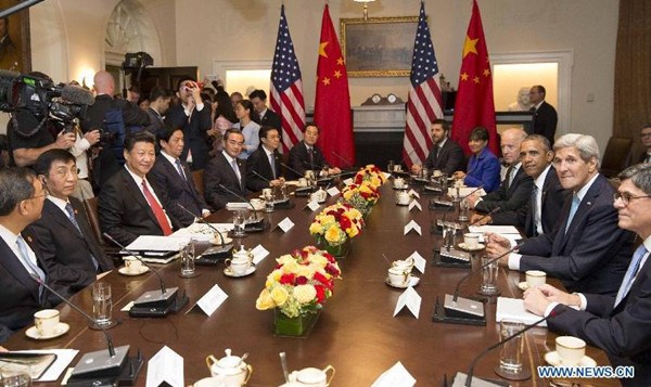 Chinese President Xi Jinping (3rd L) holds talks with U.S. President Barack Obama (3rd R) in Washington D.C., the United States, Sept. 25, 2015. (Photo: Xinhua/Huang Jingwen) Chinese President Xi Jinping (3rd L) holds talks with U.S. President Barack Obama (3rd R) in Washington D.C., the United States, Sept. 25, 2015. (Photo: Xinhua/Huang Jingwen)