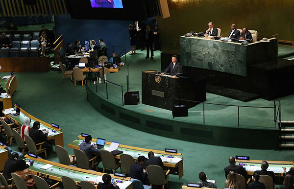 Chinese President Xi Jinping addresses the United Nations Sustainable Development Summit 2015 at the UN headquarters in New York, Sept 26, 2015. (Photo/Xinhua) Chinese President Xi Jinping addresses the United Nations Sustainable Development Summit 2015 at the UN headquarters in New York, Sept 26, 2015. (Photo/Xinhua)