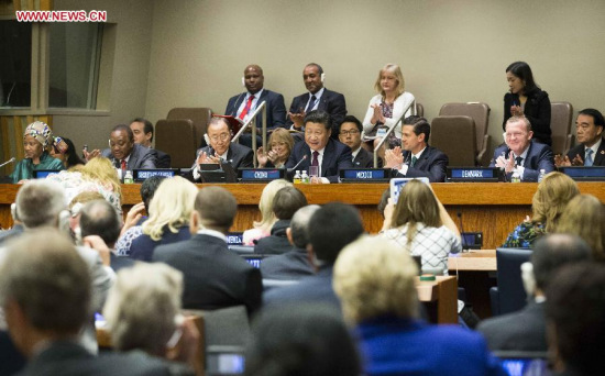 Chinese President Xi Jinping delivers a speech at the Global Leaders' Meeting on Gender Equality and Women's Empowerment at the United Nations headquarters in New York, the United States, Sept. 27, 2015. (Photo: Xinhua/Huang Jingwen) Chinese President Xi Jinping delivers a speech at the Global Leaders' Meeting on Gender Equality and Women's Empowerment at the United Nations headquarters in New York, the United States, Sept. 27, 2015. (Photo: Xinhua/Huang Jingwen)