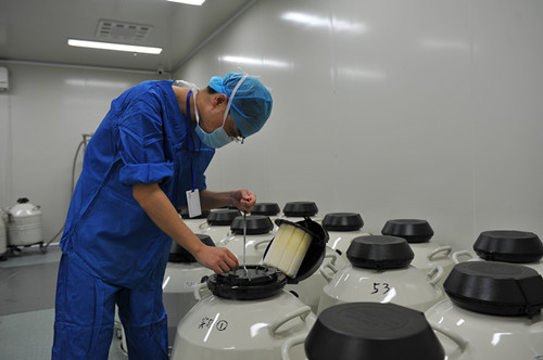 Medic checks liquid nitrogen tank where embryos are stored.(Photo/china.org.cn) Medic checks liquid nitrogen tank where embryos are stored.(Photo/china.org.cn)