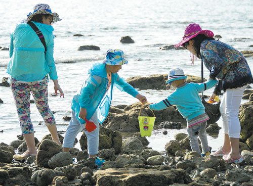 A family of tourists enjoy their leisure time on a reef in Sanya, Hainan province, in January. (Photo: China Daily/Chen Gang) A family of tourists enjoy their leisure time on a reef in Sanya, Hainan province, in January. (Photo: China Daily/Chen Gang)