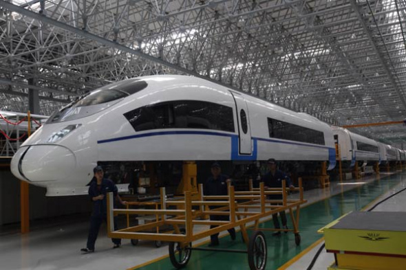 A high-speed train at a workshop of China North Locomotive and Rolling Stock Industry (Group) Corp in Changchun, Jilin province. (Photo provided to China Daily) A high-speed train at a workshop of China North Locomotive and Rolling Stock Industry (Group) Corp in Changchun, Jilin province. (Photo provided to China Daily)