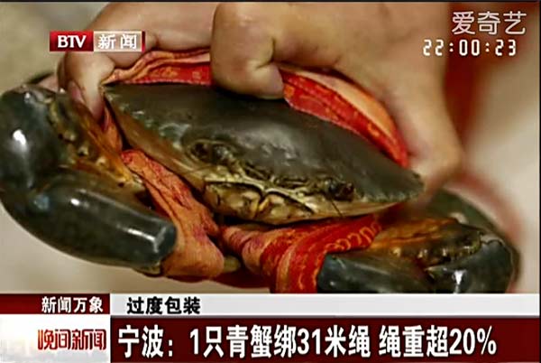 A video grab from Beijing TV shows a crab tied with a 31-meter string. A video grab from Beijing TV shows a crab tied with a 31-meter string.