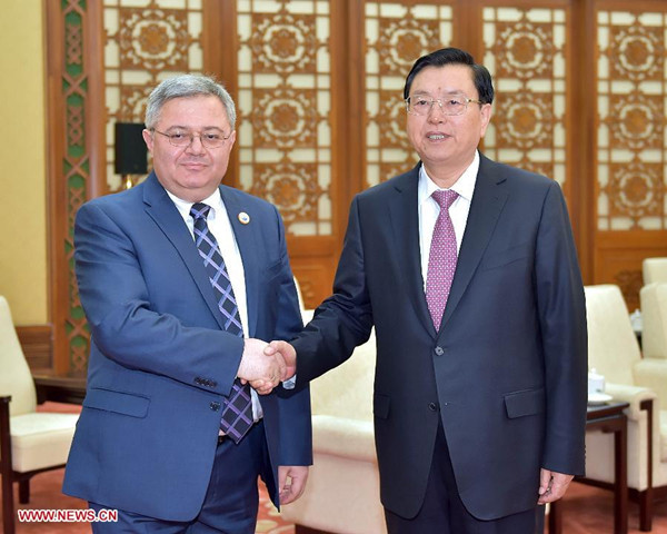 Zhang Dejiang (R), chairman of the National People's Congress (NPC) Standing Committee, meets with Speaker of the Parliament of Georgia Davit Usupashvili in Beijing, capital of China, Oct. 14, 2015. (Xinhua/Li Tao) Zhang Dejiang (R), chairman of the National People's Congress (NPC) Standing Committee, meets with Speaker of the Parliament of Georgia Davit Usupashvili in Beijing, capital of China, Oct. 14, 2015. (Xinhua/Li Tao)