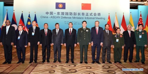 Chinese Defense Minister Chang Wanquan (6th R), defense ministers of ten ASEAN countries and deputy secretary general of ASEAN pose for a group picture during China-ASEAN Defense Ministers' Informal Meeting in Beijing, capital of China, Oct. 16, 2015. Chang chaired and made a keynote speech during the meeting. (Photo: Xinhua/Zhang Ling) Chinese Defense Minister Chang Wanquan (6th R), defense ministers of ten ASEAN countries and deputy secretary general of ASEAN pose for a group picture during China-ASEAN Defense Ministers' Informal Meeting in Beijing, capital of China, Oct. 16, 2015. Chang chaired and made a keynote speech during the meeting. (Photo: Xinhua/Zhang Ling)